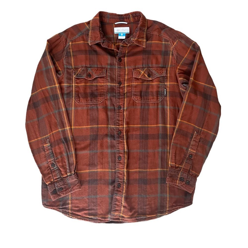 Columbia Cotton Long Sleeve Button Down Shirt Orange Brown Plaid Mens Large